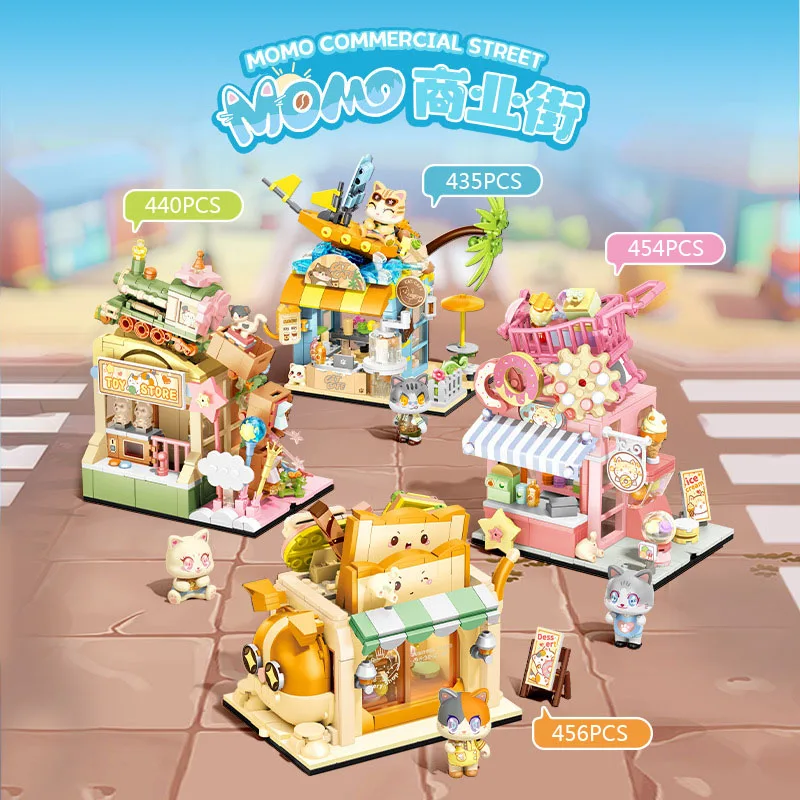 Creative Cartoon Cat Figures City Commercial Street View Building Block Coffee Cake Toy Shop Brick Bakery For Kids Gifts