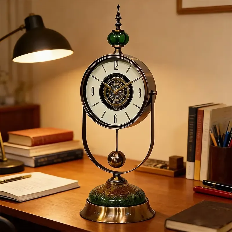 Armans' newly designed luxury mechanical retro chic creative metal desk clock with pin pendulum backlit calendar