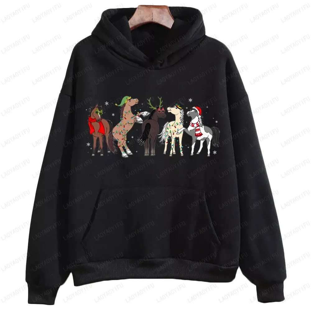 Hoppy Christmas Horse Lights Sweatshirt  Horse Party Printed Hoodies Hoodies Christmas Hat Woman Men Long Sleeve Sweater Tops
