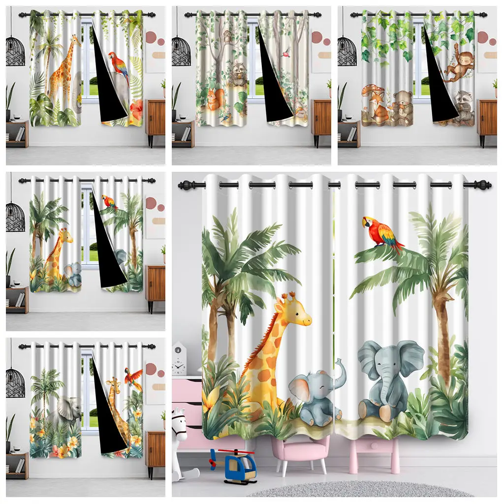 Jungle Safari Animal Curtains Giraffe Elephant Tropical Tree Curtains Living Room Kitchen Dining Room Curtain Bathroom Decors