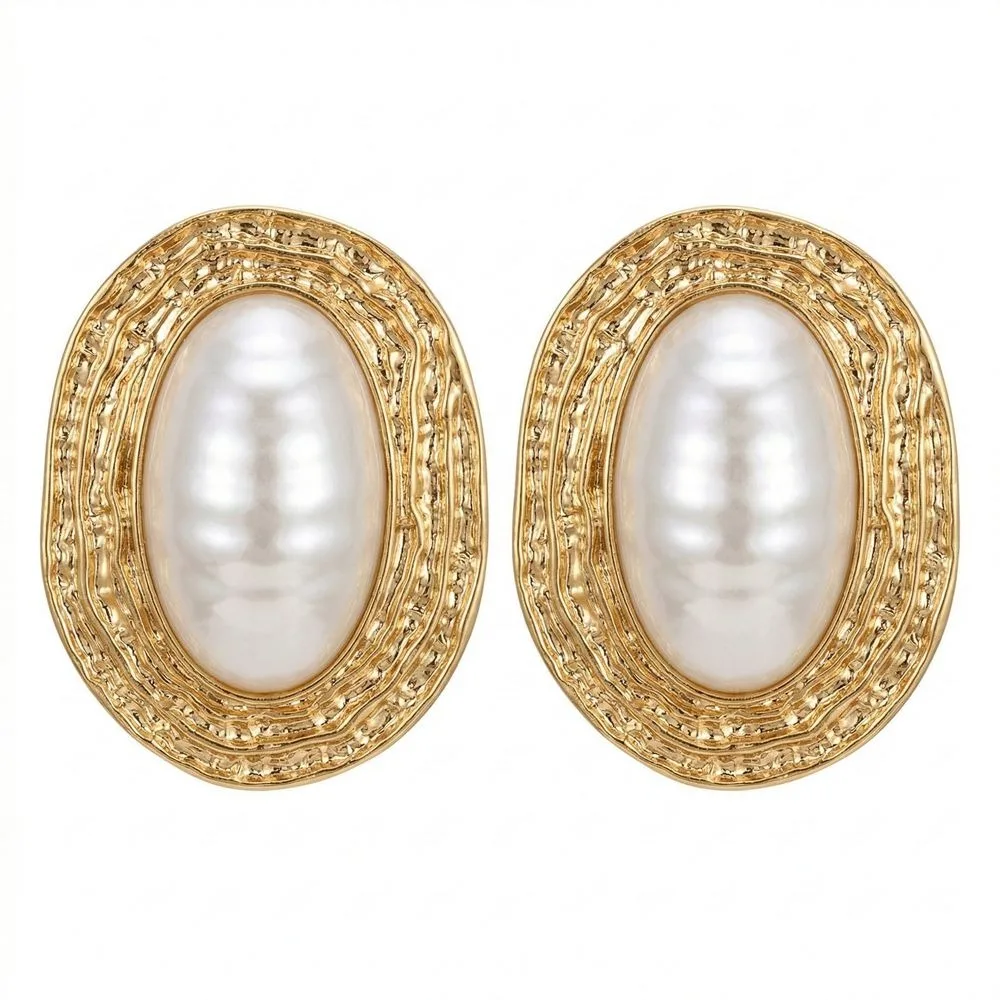 Imitation Oval Metal Pearl Earrings Vintage Gold Large Stud Earrings Ruffled Stripes Alloy Geometric Exaggerated Earrings