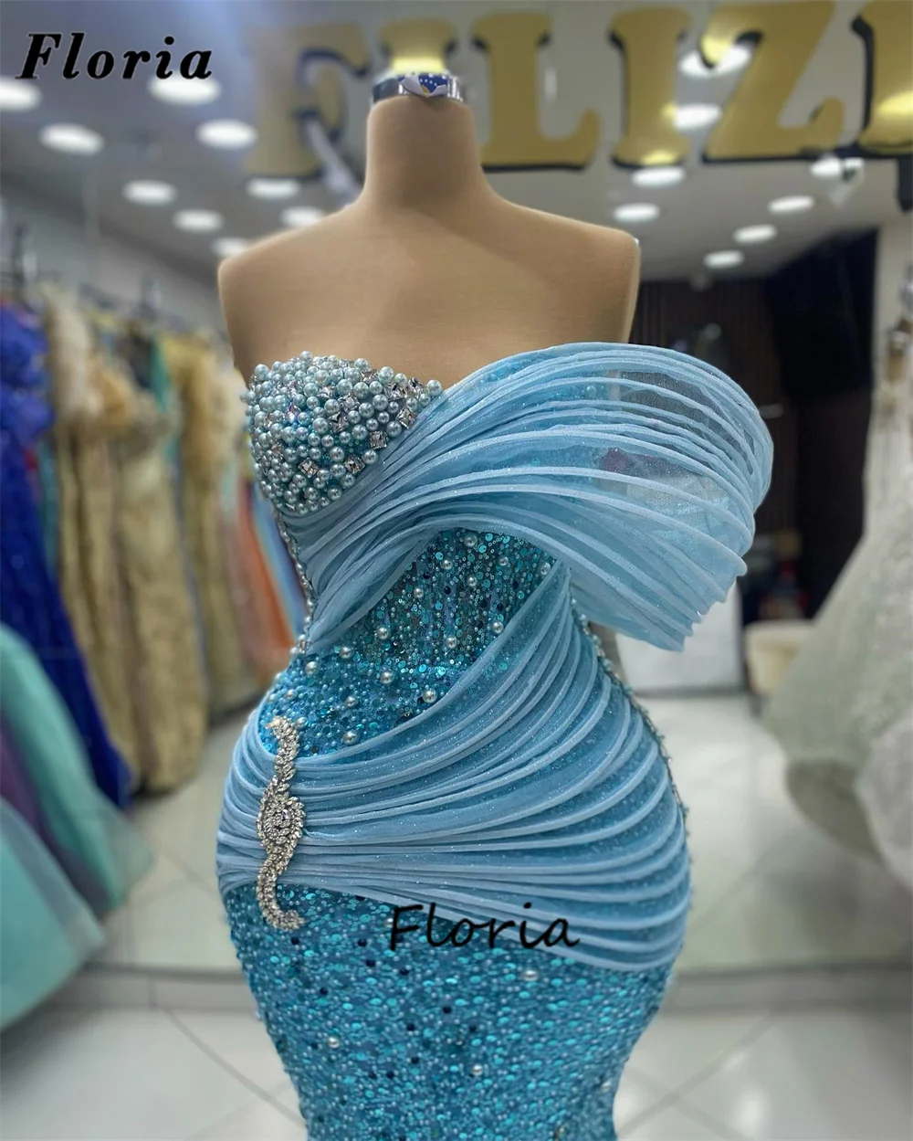 Vestidos de noite azul fora do ombro, Beading elegante, Festa de casamento, Dubai Mermaid Cocktail Dress, Mais novo, 2022, 2024