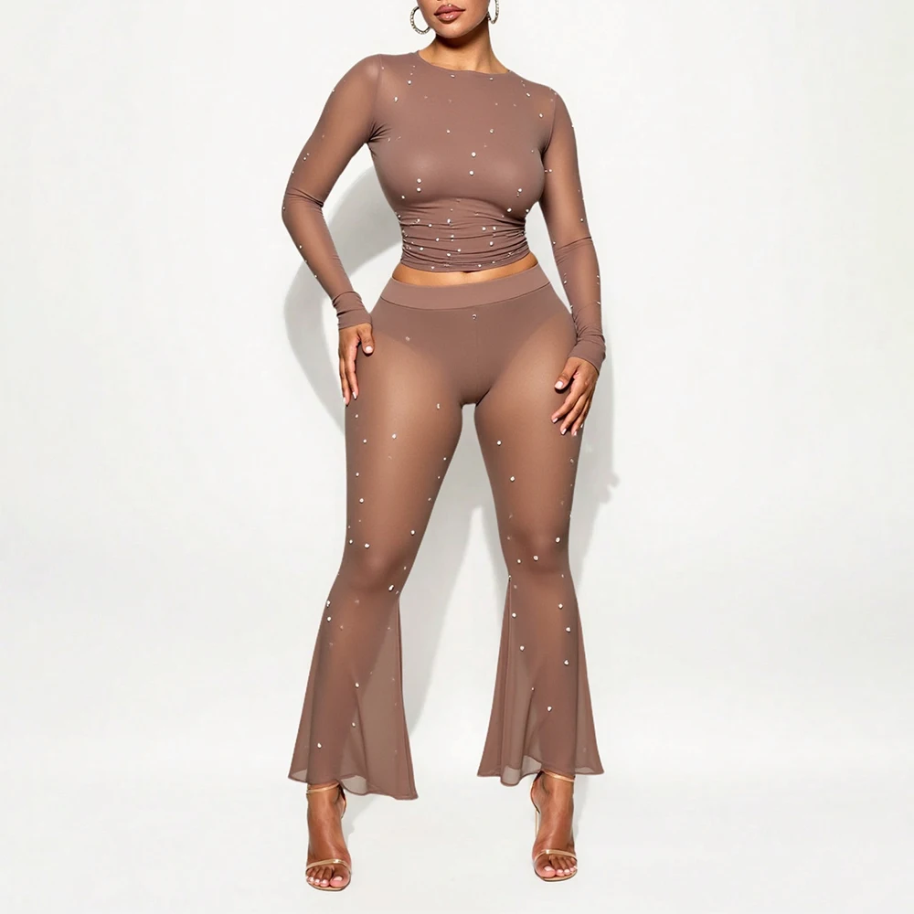 

Mia Muse Boutique Autumn Sets 2025 Women's Sexy Plain Long Sleeve Crew Neck T-Shirts High Waist Flared Pants Night Out SetsClub