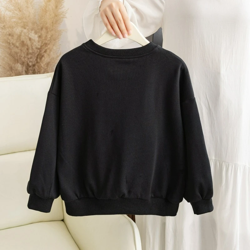 Korea Fashion Kids Clothes Baby Girls Cute Big Bow Sweatshirt Toddler Black Round Neck Pullover Sports Shirt 80-130cm