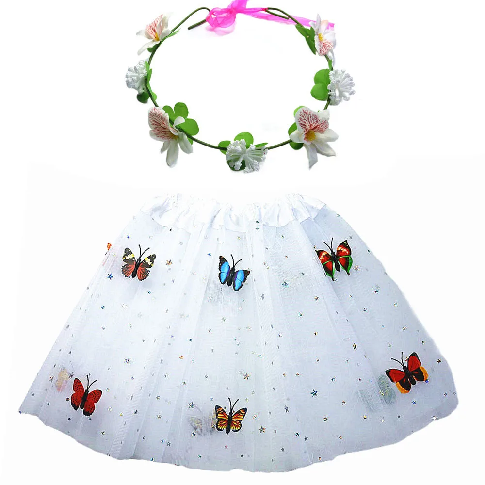 Kids Girl Butterfly Tulle Tutu Skirt Flower Headband Wreath  Party Ball Gown Birthday Gift Cosplay Christmas Halloween Costume