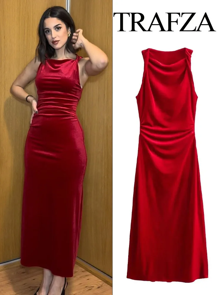 TRAFZA New 2024 Women Velvet Sleeveless Dress Fashion Female Three Color Pleated Velvet Midi For Slim Fit Dress Woman Dress