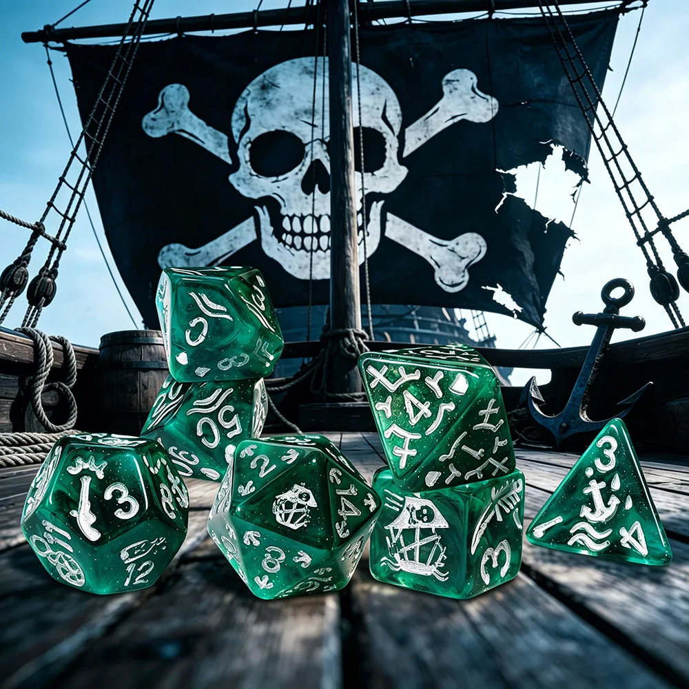 Pirate Green Resin Polyhedral Dice Set, 7PCS Anchor Skull Dice for DND RPG Board Games