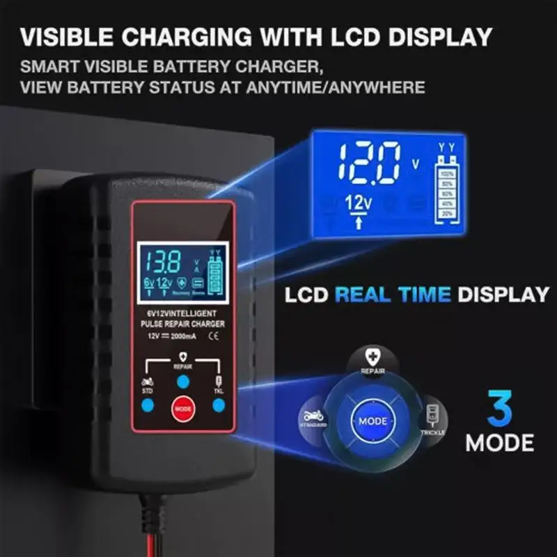 

Car Battery Charger Car Motorcycle 6V/12V Smart Battery Charger For Lead-Acid Battery Repair Charge Multi-functional Charger