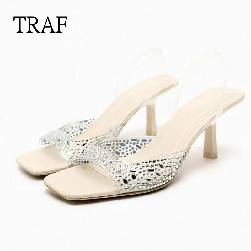 

TRAF 2024 Woman Heeled Sandals Summer Women's Sandals Rhinestone Heel Sandals Elegant Square toe Stiletto Slingback Woman Pumps