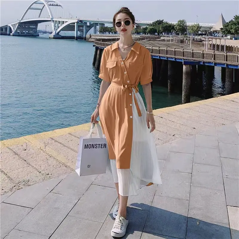 Women Dresses 2025 short-sleeved V-neck button waist-cinching slim A-line knee-length dress women's clothing vestidoes