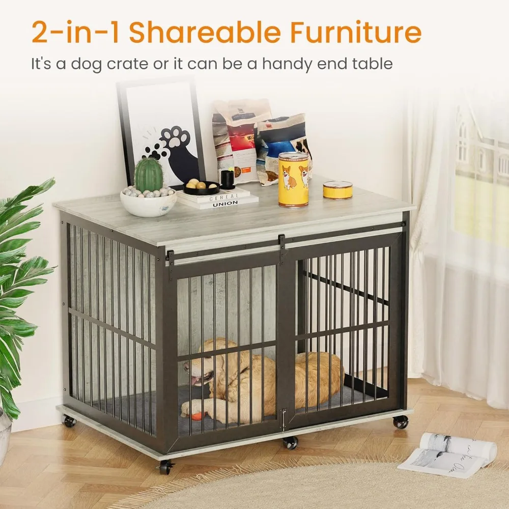 43.7'' Dog Crate Furniture with Cushion, Heavy Duty Anti-Chewing Dog House with Sliding Barn Door, Flip-top Plate, Indoor Dog