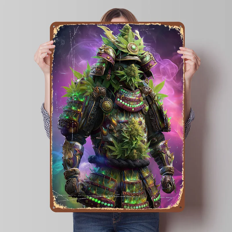 Cannabis Samurai Krieger Blechschild Poster Personalisierte Wandkunst Retro Vintage Metallschilder für Zimmer Schlafzimmer Dekorationen Haus Zuhause