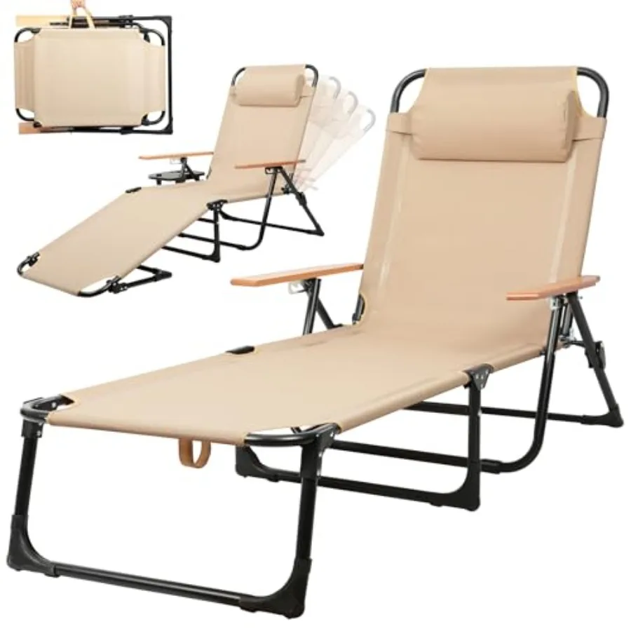 

Outdoor Chaise Lounge Chair with 4-Position Adjustable Backrest Patio Folding Sun Tanning Chair Pillow Cup Holder Portable Recl