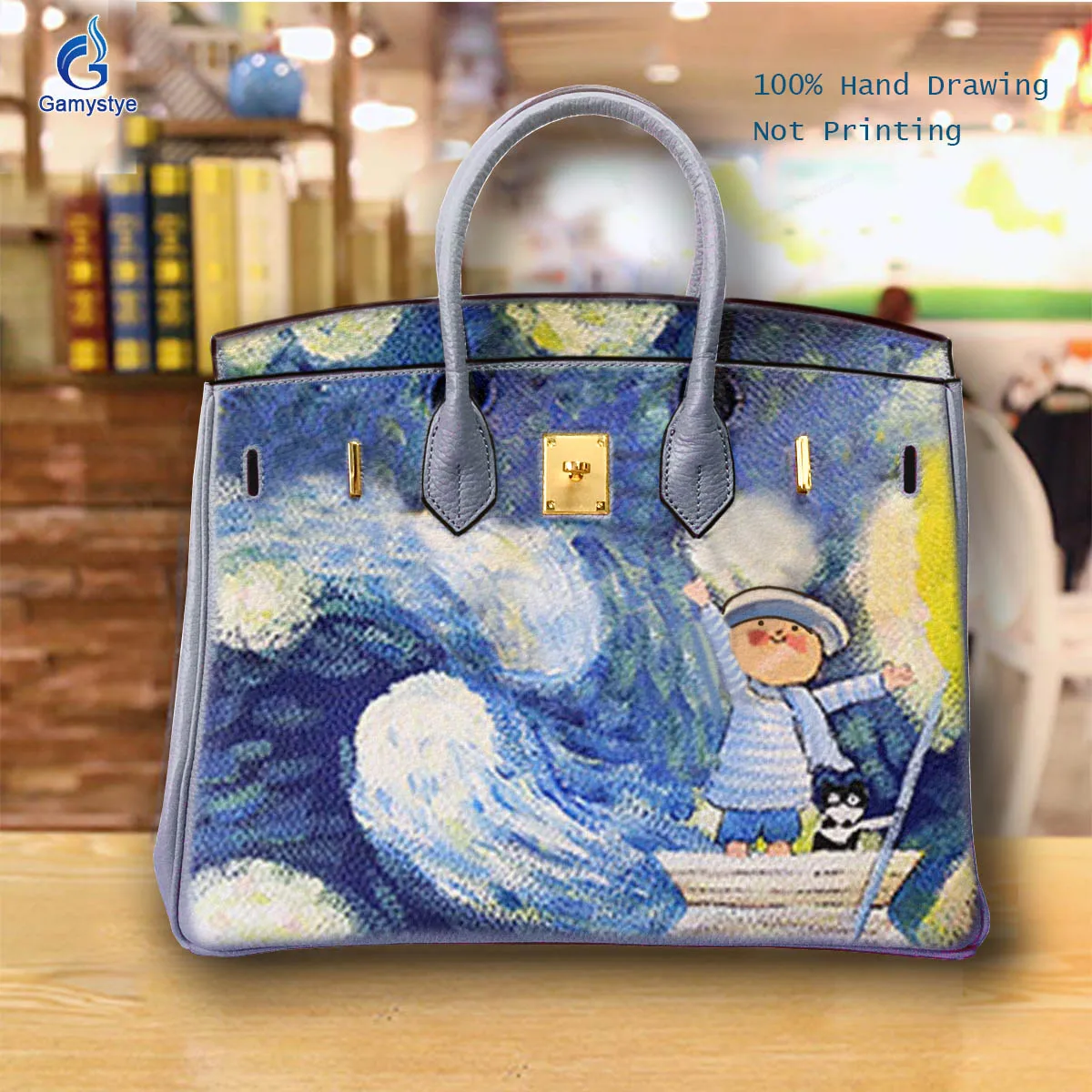 Hand Draw Colorful animated children Customize Art Bags Women Clutch purses and handbags Designer Ladies purses Genuine Leather