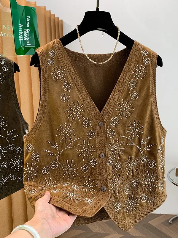 Women's Embroidered Vest Top Outerwear Short Style Single Button Closure Polyester Fiber 2026 Autumn New Arrival