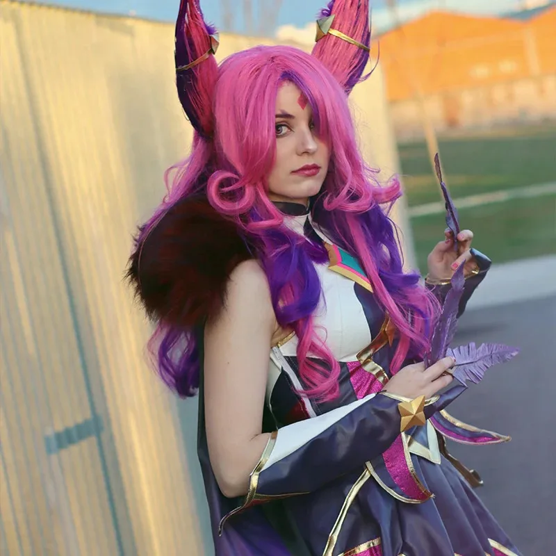 

Wiwi 123ROLECOS LOL Star Guardian Xayah Косплей Повстанные парики 65 см Длинный розовый фиолетовый парик с ушками Термостойкий синтетический