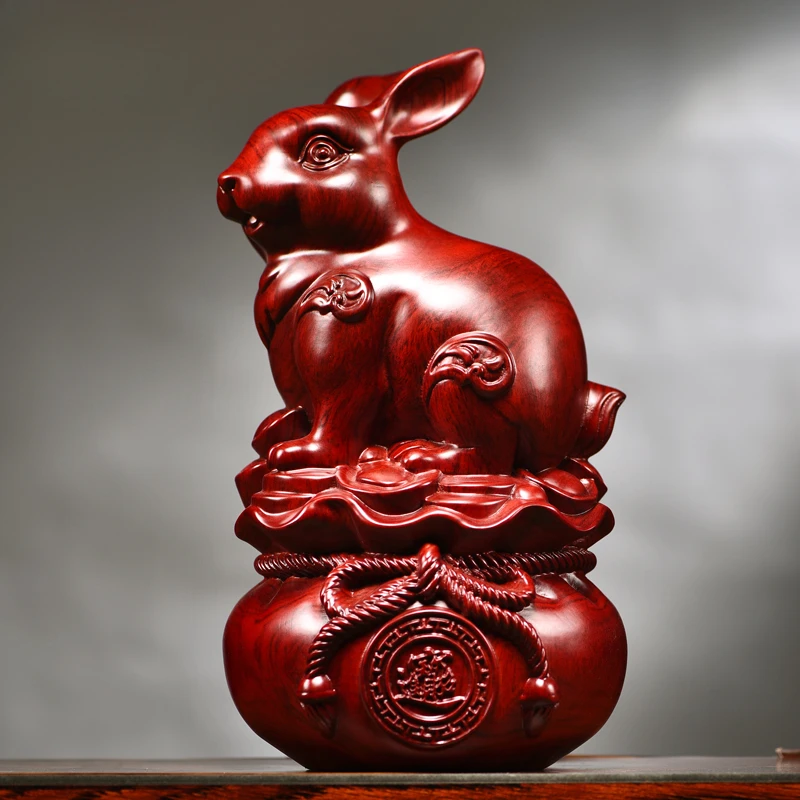 Red pear wood carving rabbit ornament twelve zodiac solid wood living room home counter desktop decoration craft gift