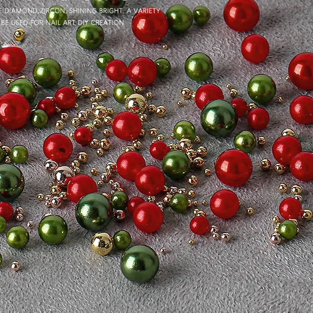 12가지 색상 믹스 사이즈 네일 펄 라인스톤, 매니큐어 DIY 크리스마스 펄, 녹색 빨간색 금색 네일 비즈, 네일 장식 부품