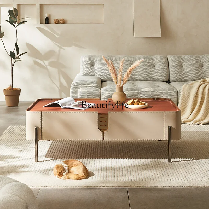 09 طاولة قهوة جلدية سرج خفيفة شقة صغيرة راقية طاولة قهوة زاوية مستديرة من الجلد الإبداعي