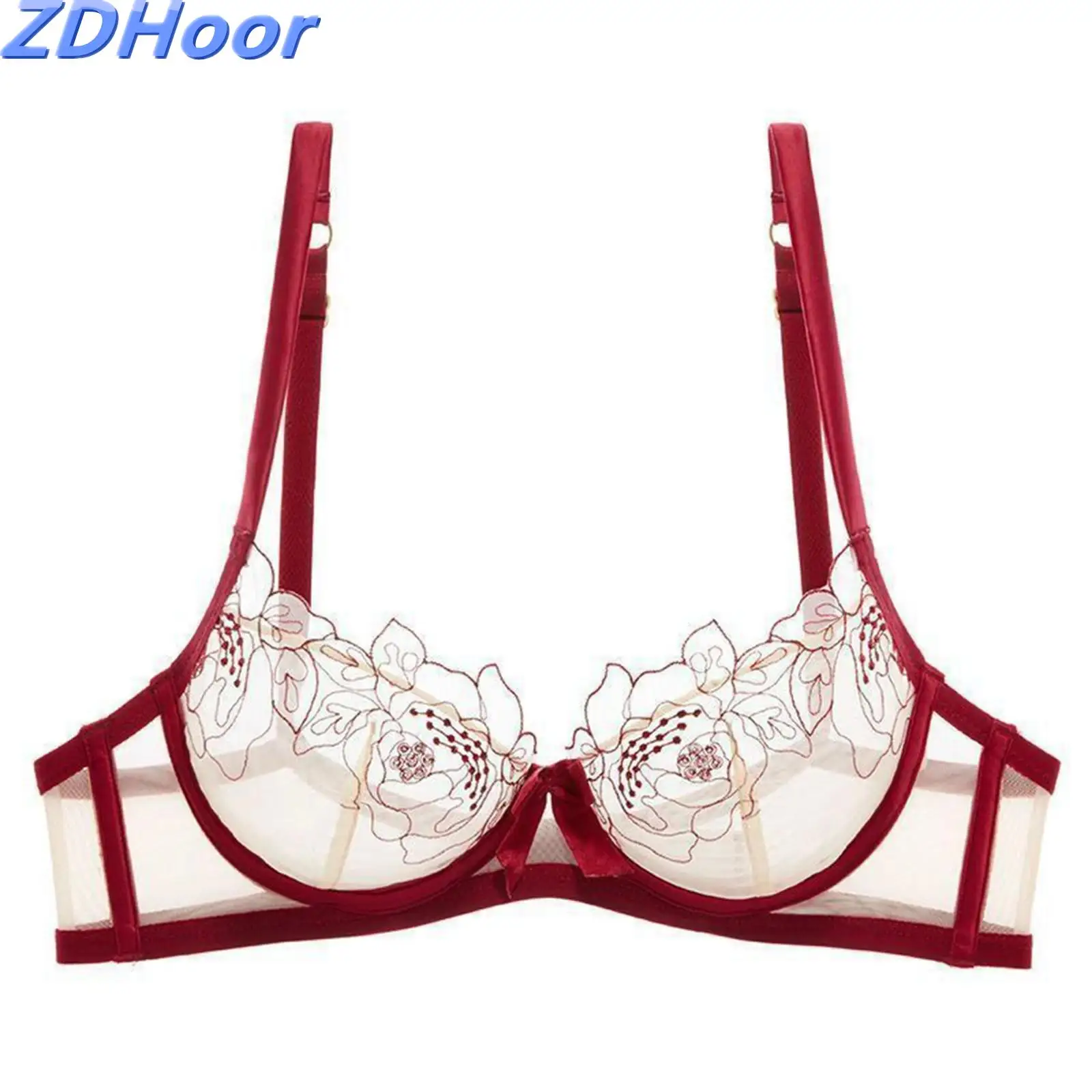

Womens See-Through Embroidery Bra Tops 3/4 Cup Underwire Adjustable Spaghetti Straps Balconette Corset for Cup Dating Night