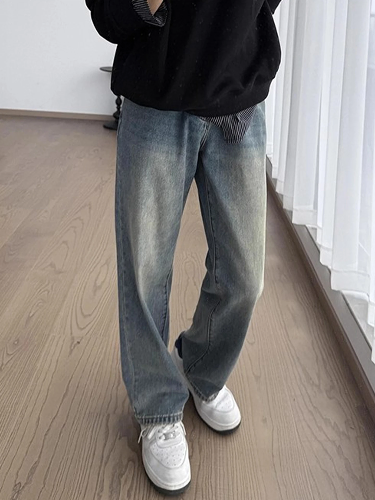 

Мужские джинсы в стиле ретро, американские, синие, с эффектом потертости, прямые, зауженные, слегка расклешенные, повседневные, молодежная мода