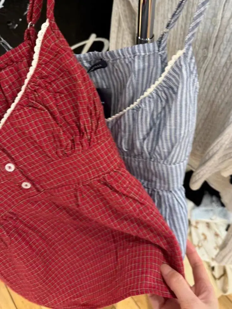 Nieuwe rode geruite knoppen tankshorts set vrouw terug vetersluiting kanten rand slanke camis + elastische taille sweatshorts zoete katoenen 2-delige set