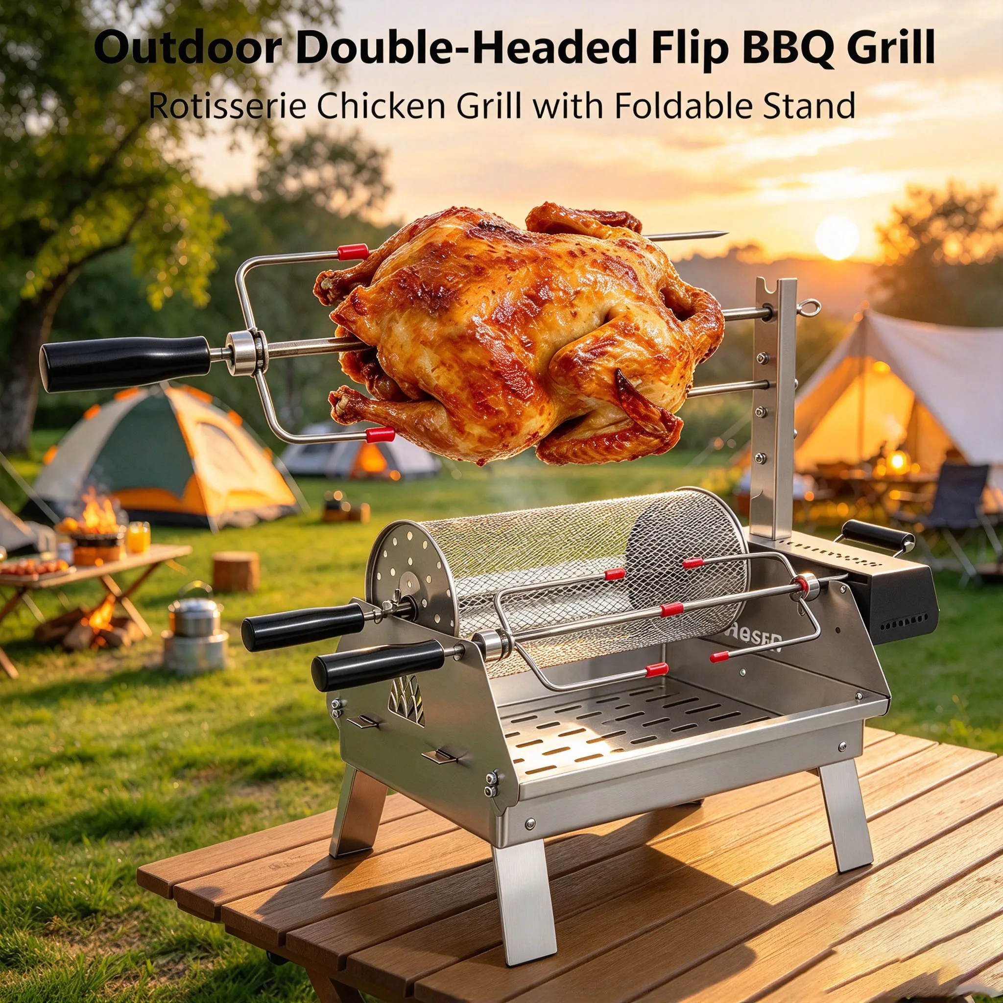 Double Headed Flip BBQ Grill 304 Stainless Steel Outdoor Desktop Charcoal Stove F4 Camping Barbecue Grill