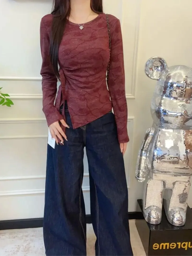 

Женский модный топ больших размеров с длинными рукавами, блестящий, из окрашенного бархата, с завязками, облегающий, с круглым вырезом, в повседневном стиле, из полиэстера