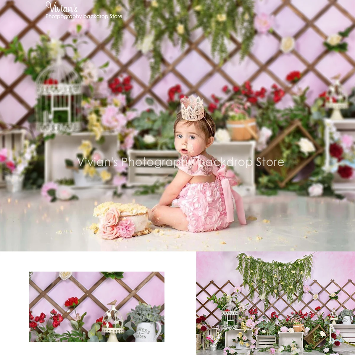 Mocsicka Spring Easter Flower Backdrop Kid Cake Smash Portrait Birthday Photography Background Boho Fence Green Floral Photozone