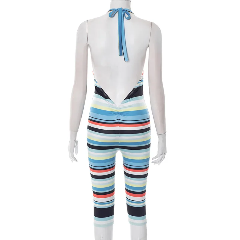 Colorful Striped Lace Up Halter Backless Knee Length Jumpsuits Women Sexy Sleeveless Ruched Skinny Fitness Street Rompers Overll