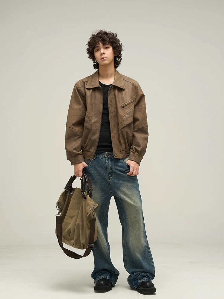 WLNEXT Men's Brown Vintage Leather Jacket Retro American Style Durable Cotton Coat Couple Matching Spring Autumn Wear