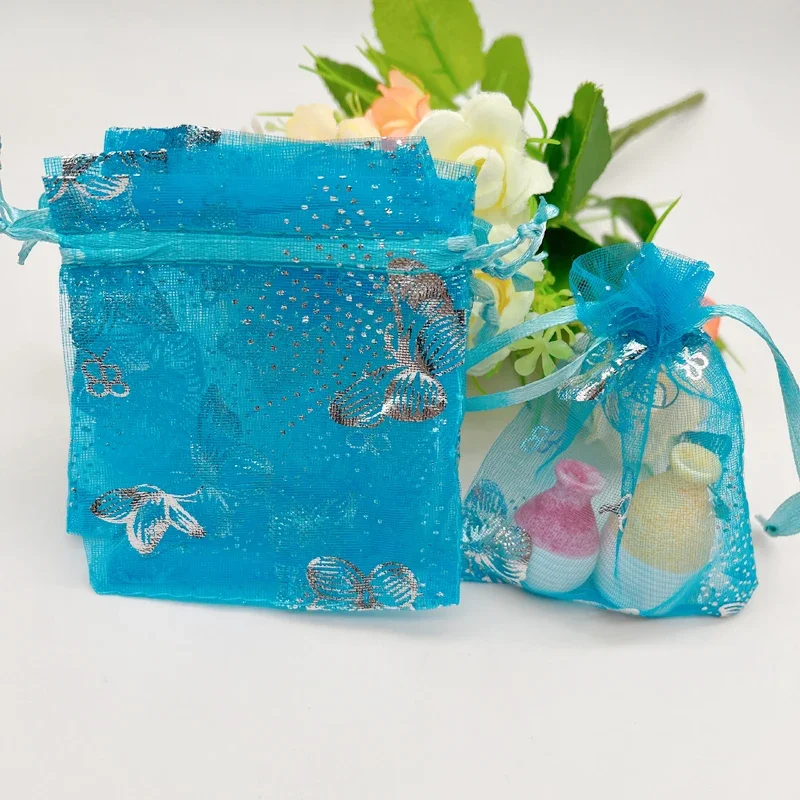 

Butterfly Lake Blue Organza Gift Bags, Wedding Packaging, Jewelry Storage Bags, Drawstring Bag, Sachet Pouches, 100Pcs