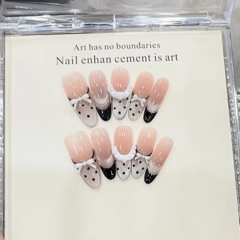 

10 Pieces Bow Black Polka Dot Cat Eye Handmade Press On Nails Elegant and Exquisite French Fake Nails Removable and Reusable