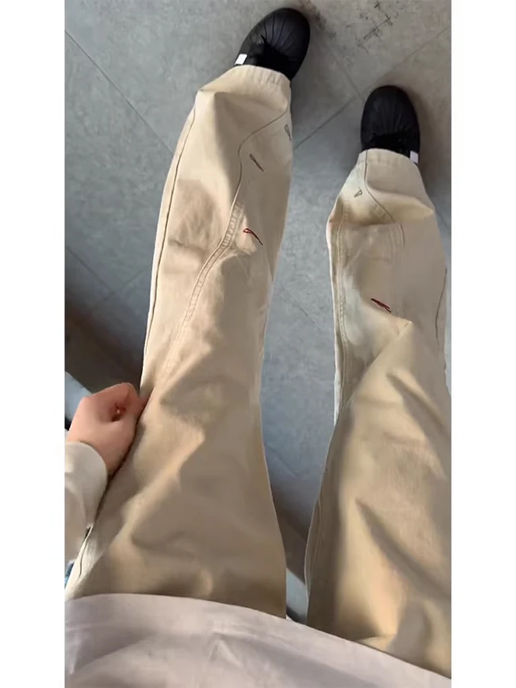 

Khaki Slanted Stitching Embroidered Jeans Men Winter American High Street Vibe Trendy Design Straight Casual Pants