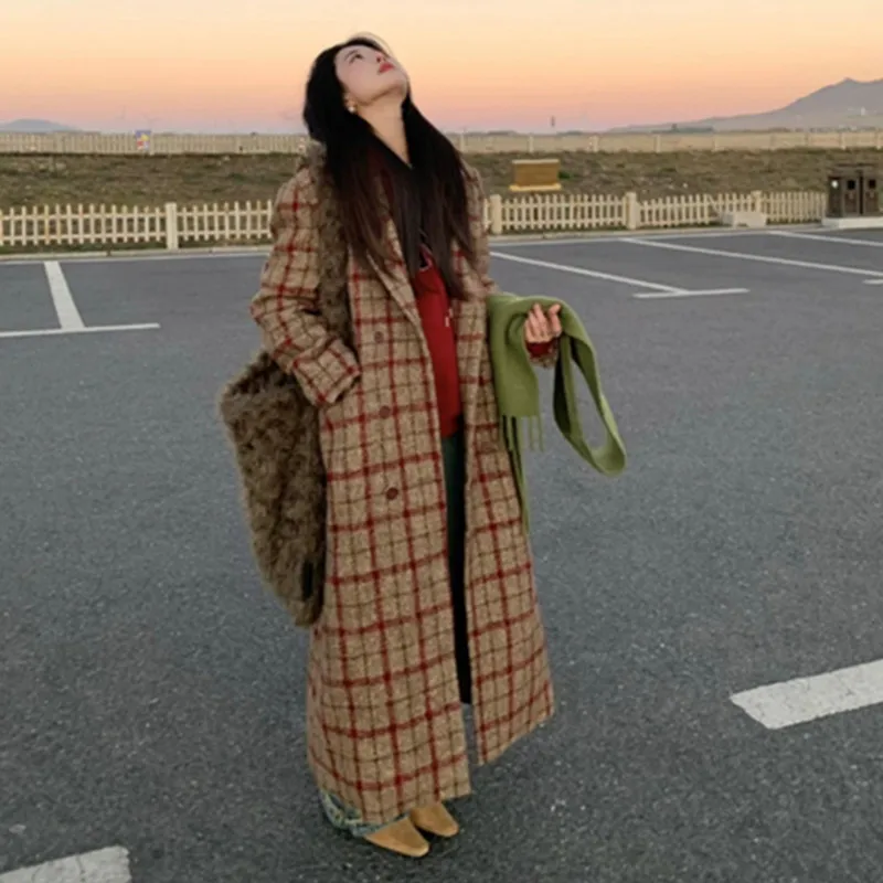 جديد خريف وشتاء 2026 معطف صوفي منقوش عالي الجودة للنساء معاطف صوف بمزاجية كورية معطف طويل غير رسمي للسيدات #4