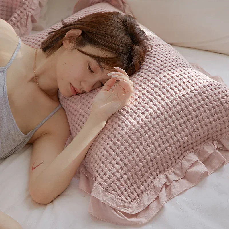 Waffles Pillow Towel Ruffled Design Simple Pure Cotton Adult Cover Towel Couple Pillow Headscarf
