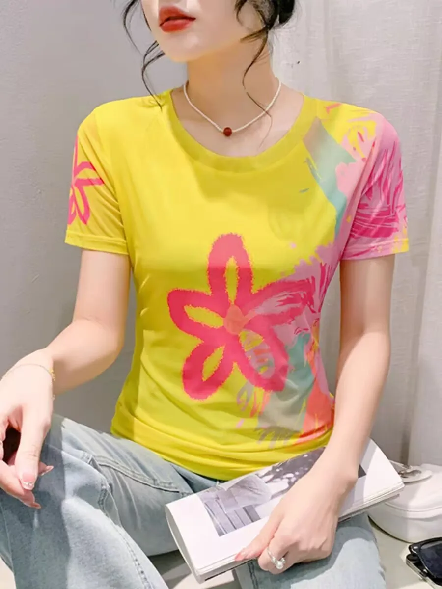 2024 New Arrival Simple Colorful Mesh Female T-shirt Summer Star Woman S-4XL Short Sleeve O-neck Stretch Geometric Classy Slim