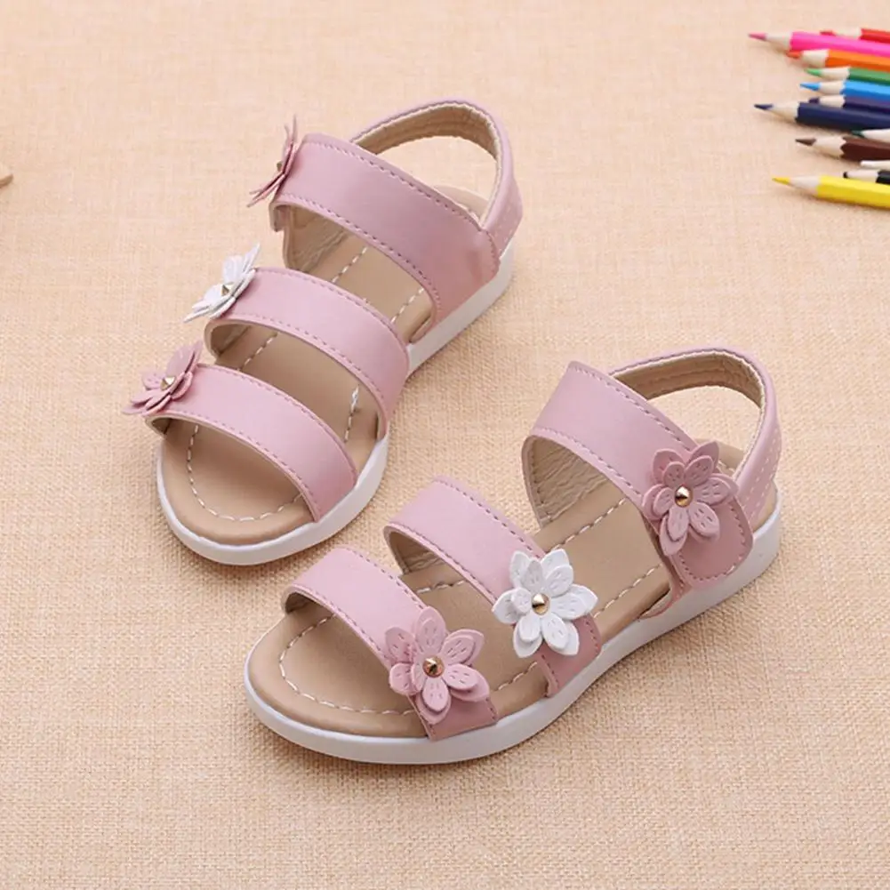 

1 Pair Girls Summer Sandals Cute Flower Adjustable Strap Breathable Faux Leather Kids Beach Shoes Wear-Resistant Non-Slip Sole