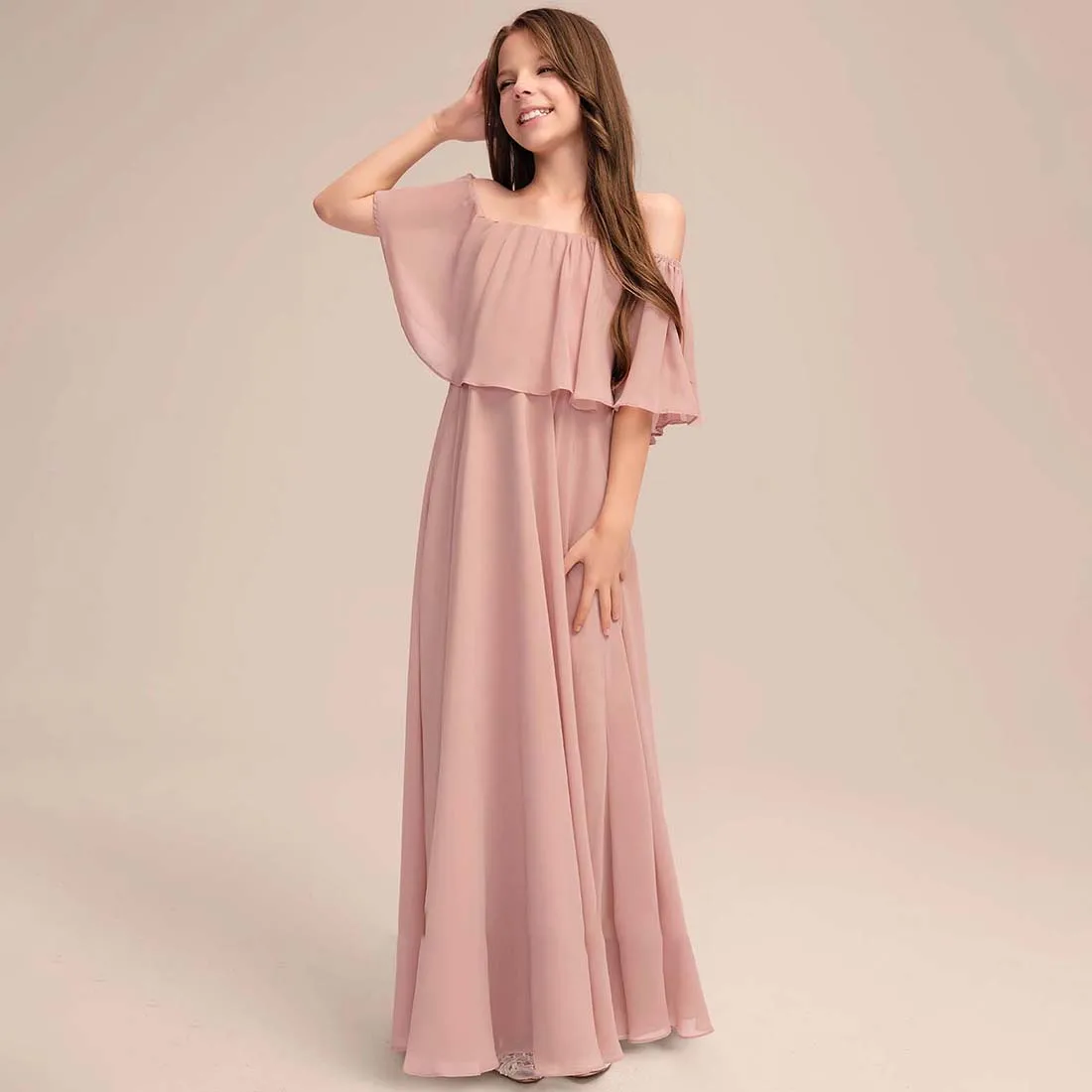 YZYmanualroom Chiffon Junior Bridesmaid Dress With Pleated A-line Off the Shoulder Floor-Length 2-15T