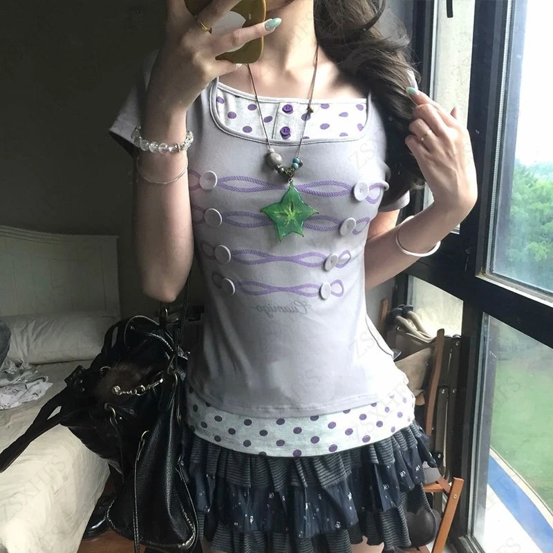 Vintage Y2k Cuteore T shirt Women Clothes Gothic Slim Punk Sexy Streetwear Graphic Polka dot T shirts Femme Aesthetic Crop Top