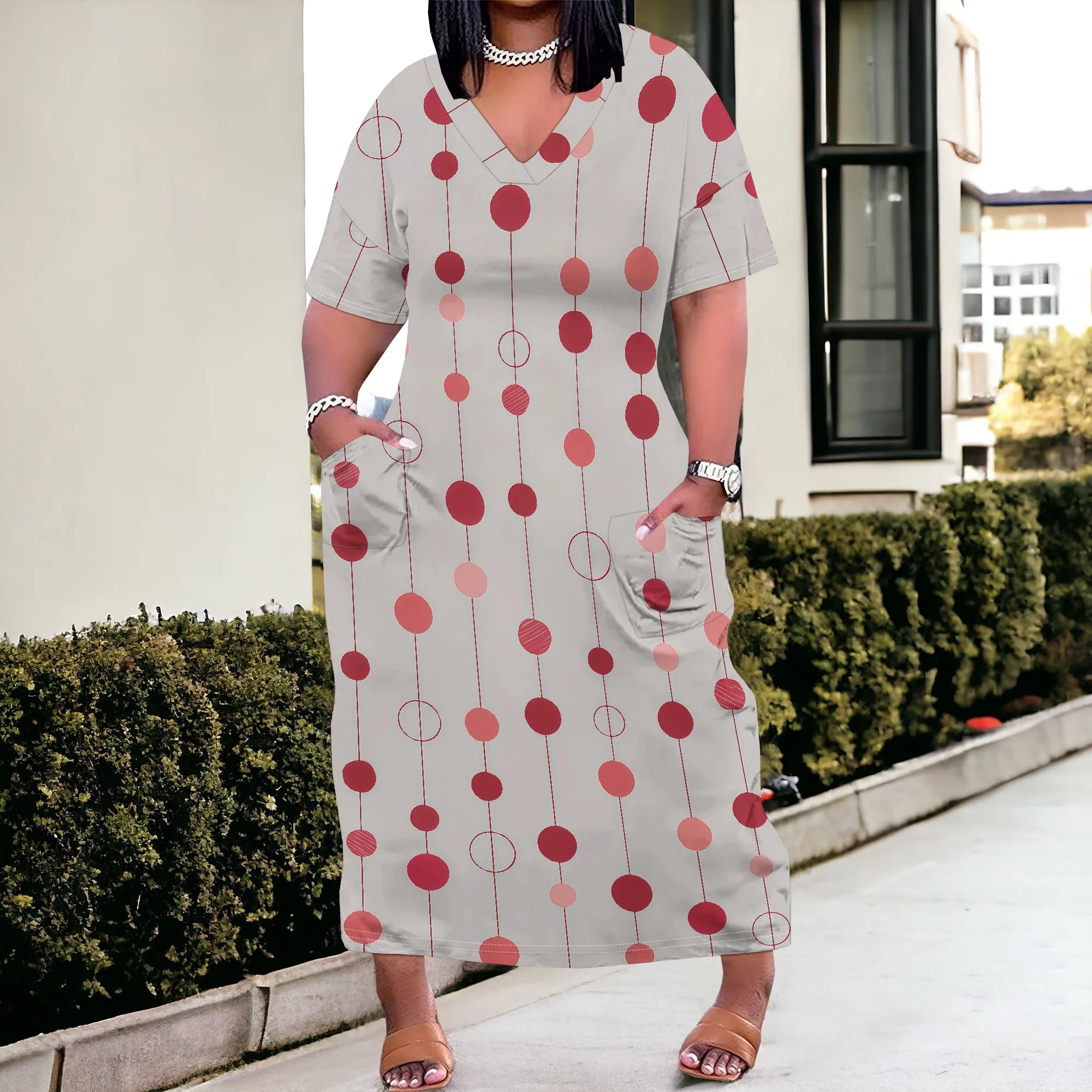 

Plus Size Polka Dot Maxi Dress for Women | V-Neck Loose Fit T-shirt Dress with Pockets XL-6XL