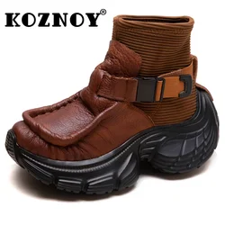 Koznoy 6.5 cm Scarpe in vera pelle Primavera Peluche Stivali di lavoro a maglia Stivaletti alla caviglia britannici Calzino elasticizzato Donna Autunno Piattaforma Cuneo