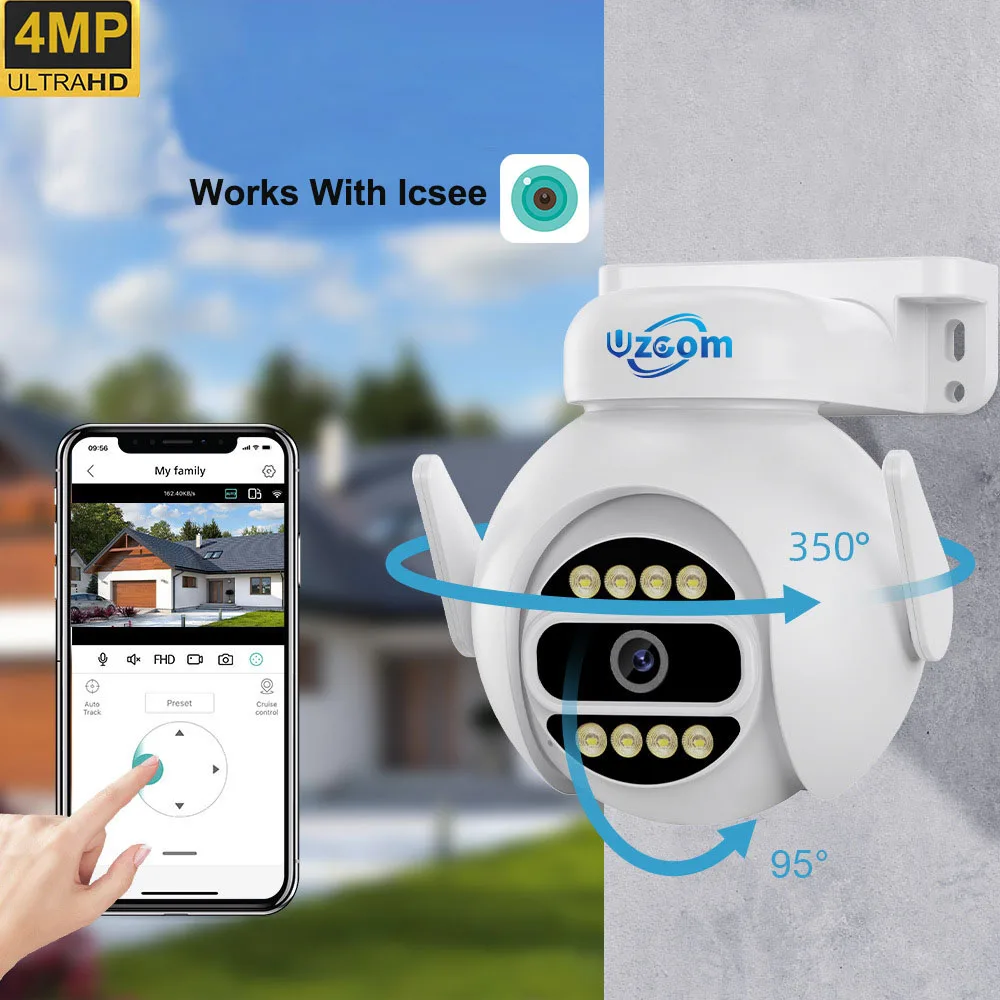 Uzoom 4MP Smart Wifi PTZ Camera With AI Human Detection ONVIF Wireless CCTV IP Camera Outdoor Wifi Camera for Home Security