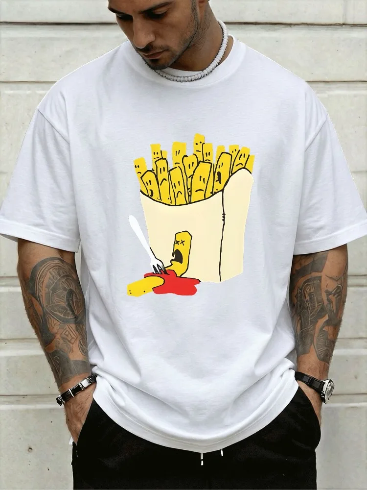 Royal Blue Mens Short Sleeve Top Funny Dead Fry With Ketchup Fork Comic Print Loose Fit Cotton Teen Daily Streetwear Tee