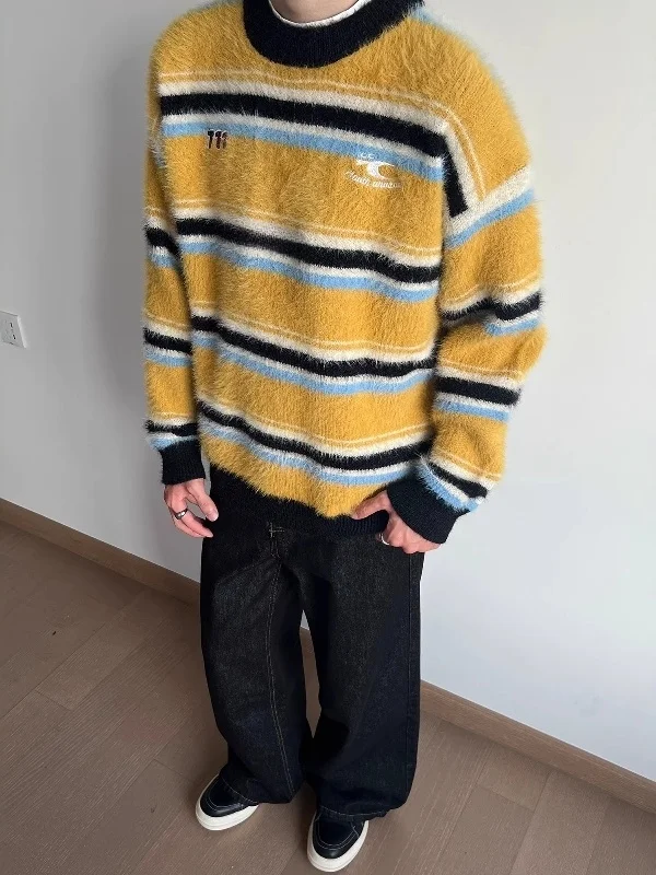 

American Retro Loose Fit Stripe round Ne Knitwear ex Casual Sle Soft Warm Ci Walk Daily Wear Fake Fur Sweater