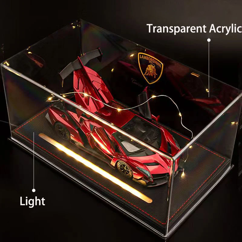 Clear Acrylic Display Case with Ambient Lighting and Backdrop Leather Bottom Cool Car Model Dustproof Display Cabinet