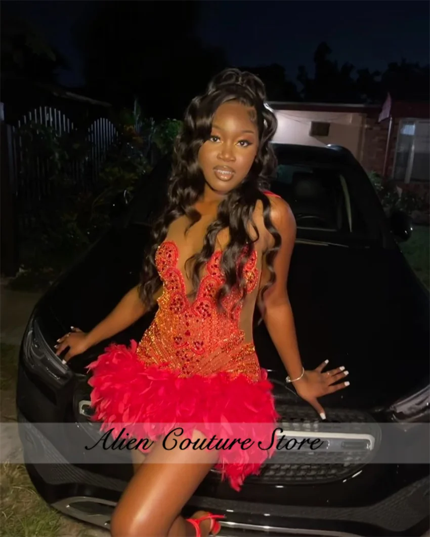 Glitter Red Short Prom Dresses Luxury For Black Girls Crystal Rhinestones Feathers Birthday Dress Cocktail Gown Customized 