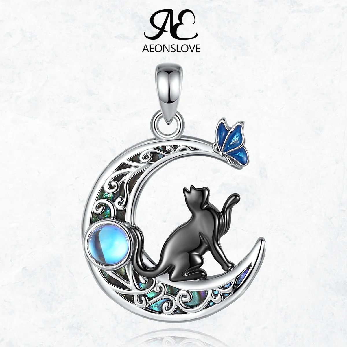 AEONSLOVE 925 Sterling Silver Black Cat Butterfly Moon Pendant Moonstone Abalone Shell Necklace Witch Jewelry Party Gift Unisex