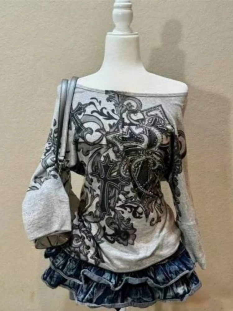 Y2k الأمريكية خمر القوطية طباعة ضئيلة طويلة الأكمام الخريف النساء تيز 2000 ثقافة فرعية الكورية موضة تي شيرت Harajuku بلايز شيك #2