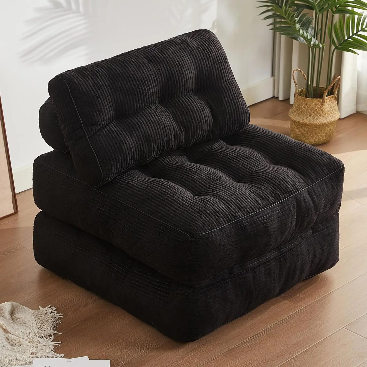 Chair Bed, Futon Sofa Bed for Bedroom and Living Room, Convertible Floor Couch for Small Spaces, Black